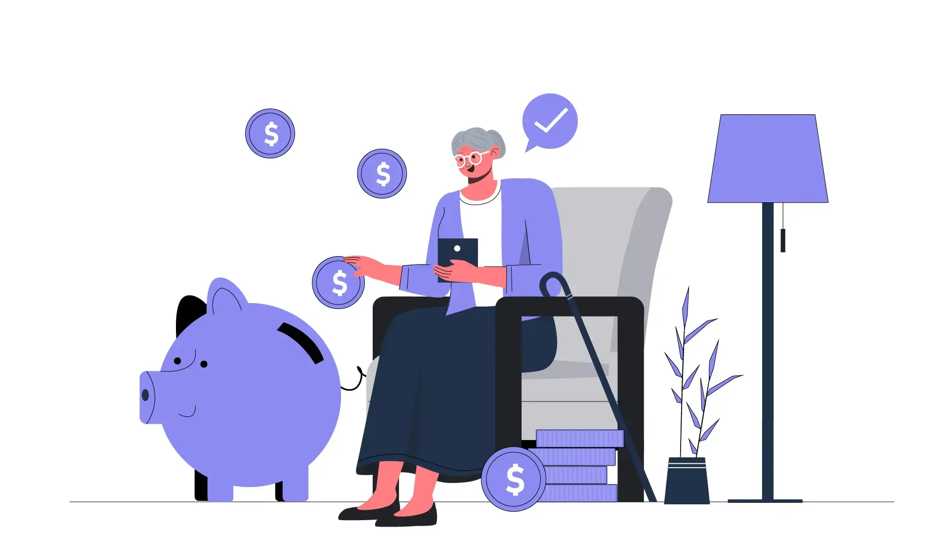 Elderly Woman Investing via Mobile Flat Vector Illustration